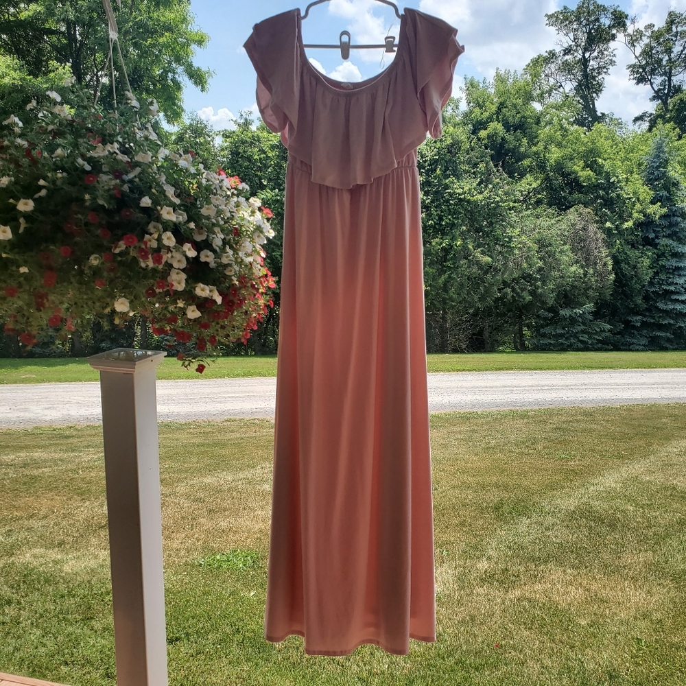 Pinkblush Ruffle Off Shoulder Maternity Maxi Dress Pastel Pink Stretch Pregnancy - Picture 7 of 14